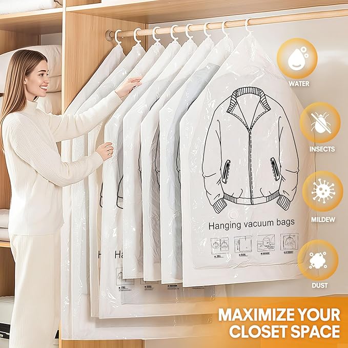 13Pcs Vacuum Storage Bags for Clothes, 10 Vacuum Seal Bags (1Jumbo,3Large,3Medium,3Small) 3 Hanging Clothes Storage Bags Vacuum Sealed(Large, Medium, Small), 80% Space Saver Bags for Home Essentials