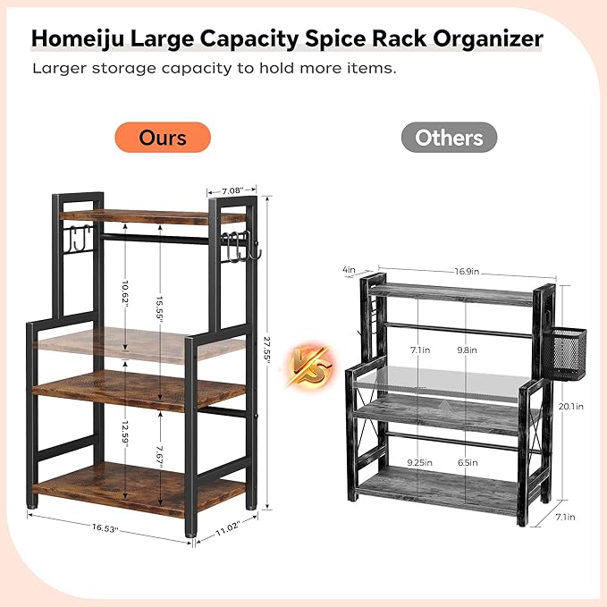 Kitchen Countertop Organizer,3 Tier Large Spice Rack Organizer with Adjustable Shelf and 5 Hooks,Wooden Counter Organizer,Space Saving Countertop Shelf Microwave Stand for Kitchen,Bathroom,Coffee Bar