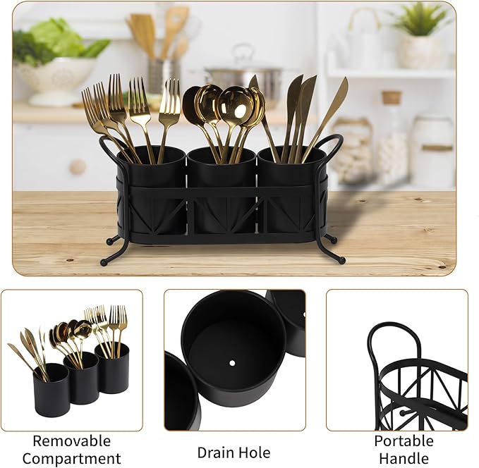 Kitchen Utensil Holder, Silverware Cutlery Organizer, Versatile Flatware Caddy Storage for Forks Spoons Knives, Perfect for Countertop Party Camping - Black Round