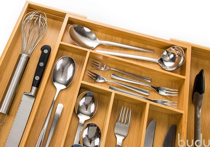 budu Silverware Drawer Organizer #18.5" Depth – Utensil Holder, Kitchen Drawer Organizers for Flatware, Cutlery – Perfect Utensil Organizer for Silverware & Other Kitchen Organization Tools & Storage