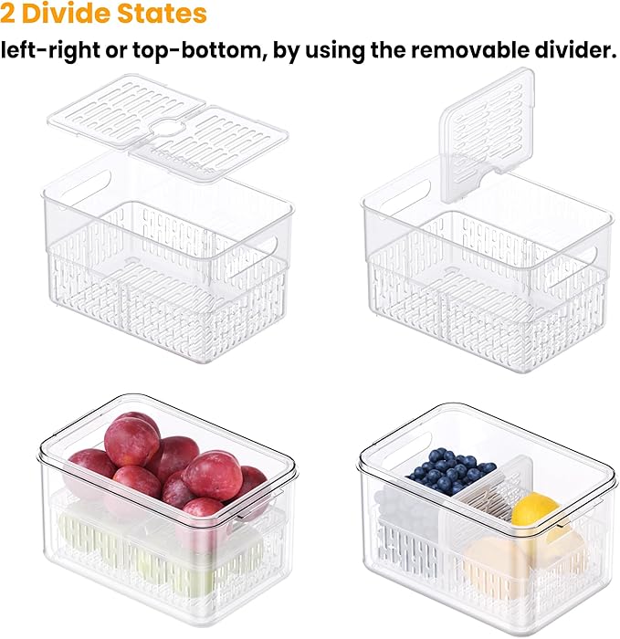 vacane 3 Pack Produce Containers with Removable Colanders, Clear Fruit Containers for Fridge Dishwasher Safe Lettuce Keeper Berry Containers, Keep Vegetable Food Fresh