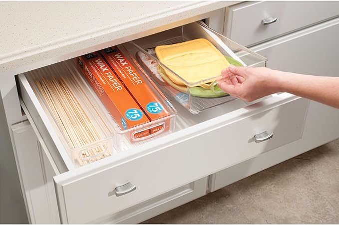 iDesign Stackable Pantry Bin with Handle for Kitchen Cabinet or Fridge, Set of 4, Clear, Made in USA