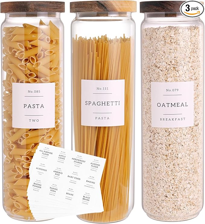 3 Set Glass Pantry Storage Jars with Acacia Airtight Lid - 50oz Thicken Glass Kitchen Canisters with 132 Pantry Labels - Tall Glass Food Storage Containers with Wood Lid for Pasta,Spaghetti,Cereal