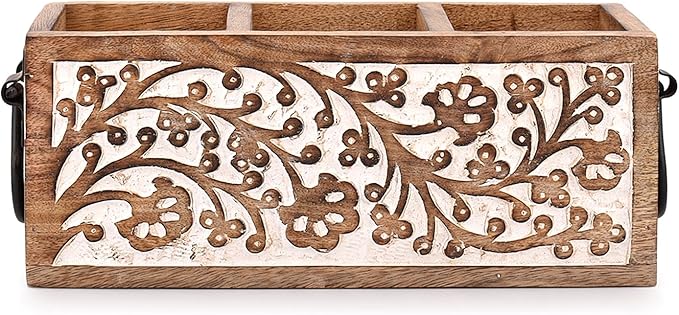 Mango Wood Utensil Drawer Organizer, Silverware Tray Organizer, Kitchen Drawer Organizer for Flatware Cutlery (11" x 4" x 4.5")
