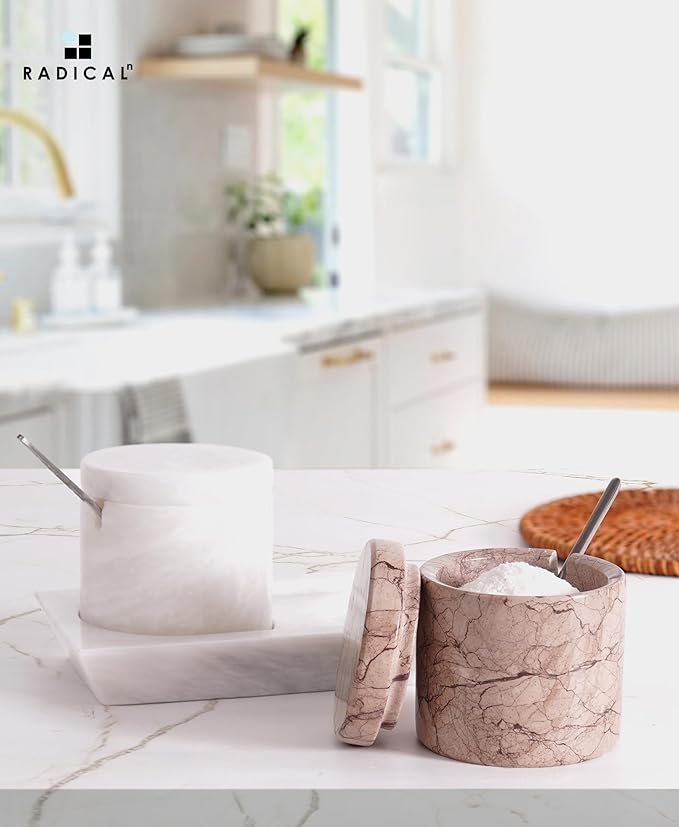 Radicaln Marble Salt Cellar With Lid 3" Inches Handmade White and Marinara Stone Salt Container For Kitchen Ideal Holder With Lid, Spice jar & Salt Cellar Set of 2 With Tray