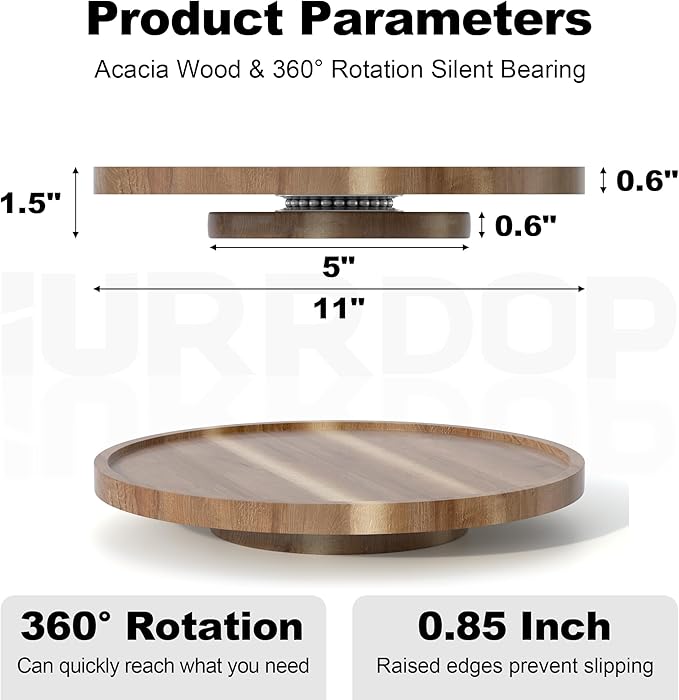 11 inch Wooden Lazy Susan Turntable, Acacia Wood Spinning Organizer for Dining Table, Cabinet, Fridge, countertop, Pantry