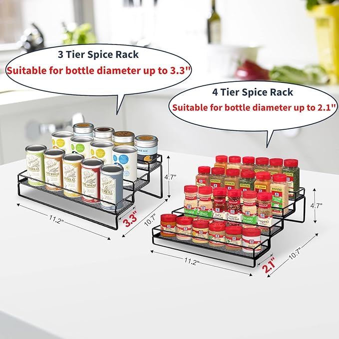 Spice Rack Organizer for Cabinet, 3 Tier Widen Seasoning Organizer, Expandable Shelf,Step Storage Holder, Kitchen Cabinet Countertop,with Protection Railing, Metal (Black,3 Tier)