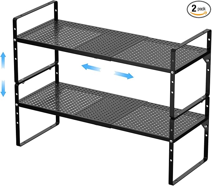 Expandable Kitchen Cabinet Shelf Organizers 2 Pack, Stackable Metal Pantry Storage Shelves Rack, Adjustable Counter Shelf for Cabinets, Countertop, Cupboard Organizers and Storage, Black