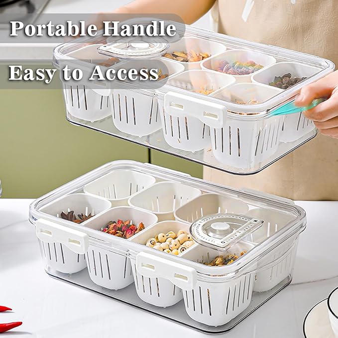 Eanpet 2Pack Divided Serving Tray with Lid 8 Compartment Veggie Tray Portable Square Snackle Box Stackable Travel Snack Platters Charcuterie Food Storage Containers for Fruit,Vegetable,Salad