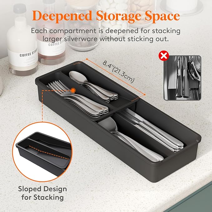 Lifewit Compact Silverware Organizer for Kitchen Drawer, Narrow Flatware Tray Holder, Plastic Cutlery Spoons, Forks and Knives Storage, Black, 3 Pack