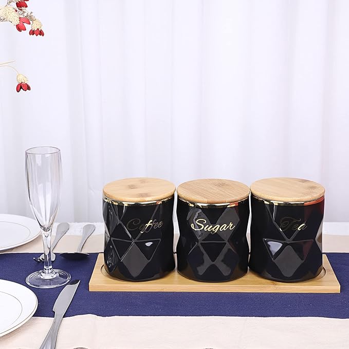 JUXYES Ceramic Canisters Set for Sugar Coffee Tea, Luxurious Storage Containers Set with Lids Decorative Storage Pots Black Storage Jar for Kitchen Counter Dining Room