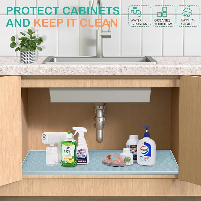 Waterproof Under Sink Mat 22" x 19", Silicone Cabinet Liner, Rubber Protector for Kitchen and Bathroom, Keeps Cabinets Clean, Dry, and Organized (Light Blue)