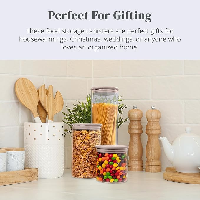 5-Piece Glass Storage Containers With Lids | Food Grade Safe Airtight Snack Containers, Pantry Organizers and Kitchen Storage with Colorful Bamboo Lids for Pasta, Oats, Coffee & Sugar