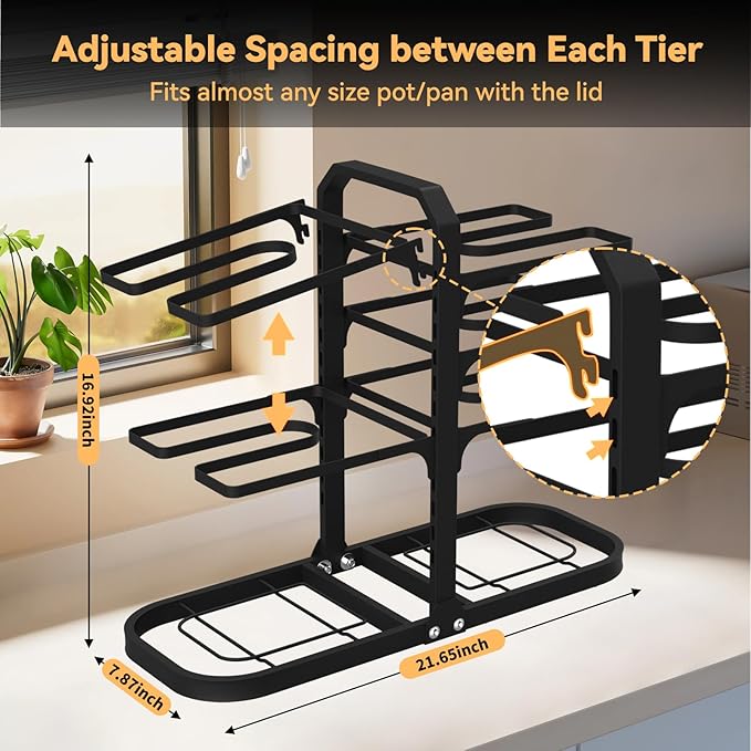 Podxco Pot and Pan Organizer for Under Cabinet, Thickened 8-Tier Adjustable Heavy Duty Pot Organizers Inside Cabinet, Rust-Resistance Pan Organizers Inside Cabinet for Cast-iron Pans, Heavy Skillets