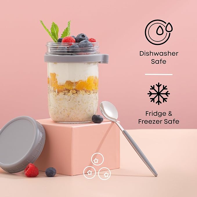 JoyJolt 3-Pack Overnight Oats Containers with Lids and Spoons Set, 16 oz Mason Jars for Overnight Oats, Chia Pudding Jars - BPA-Free, Leak Proof Small Containers for Meal Prep
