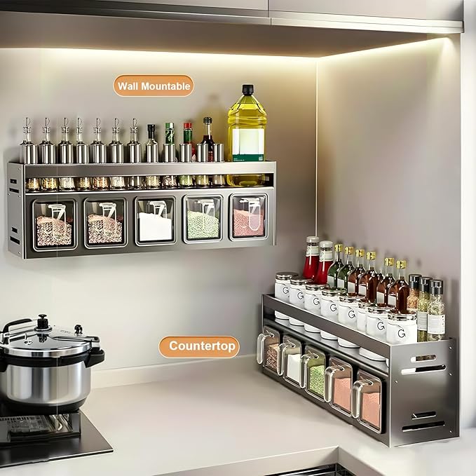 Kitchen Spice Rack, Kitchen Organizer and Storage Rack, Spice Organization for Cabinets Punch-free Wall/Countertop Home Decor Multifunctional Double Layer 5 Gird Condiment Rack, Gray