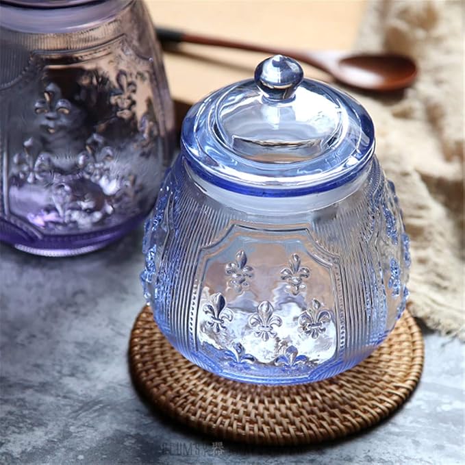 Vintage Blue Relief Glass Candy Dish With Airtight Lid For Food Storage,Candy Jars With Lids,Kitchen glass Airtight container Jars For Cookie Cereal Nuts Candy Cookies Coffee Tea,Household,Office,Gift