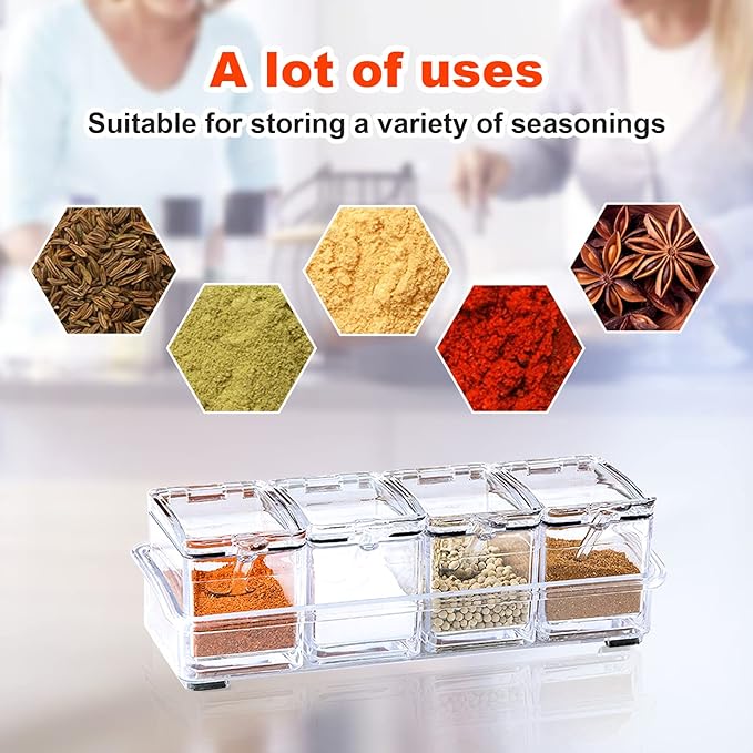 ZGWJ Acrylic Kitchen Spice Pots, 4 Piece Clear Seasoning Box Set, Storage Container Condiment Jars for Spice Salt Sugar Cruet, Seasoning Rack Spice Pots with Cover and Spoon