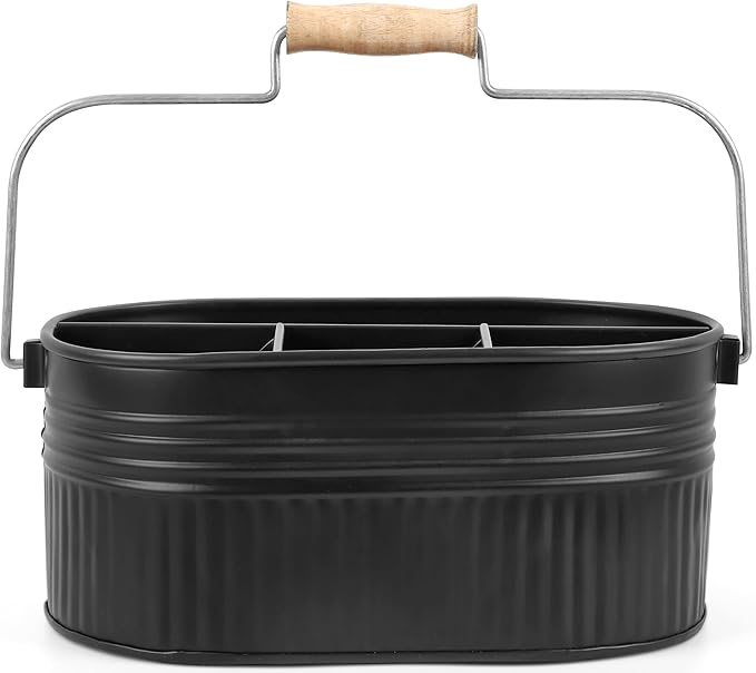 Alpha Living Home Galvanized Utensil Caddy with Handle, 4-Compartment Flatware Organizer for Kitchen Counter, Buffet, BBQ, Picnic, Party – Rustic Farmhouse Style, Matte Black Metal Storage Bin