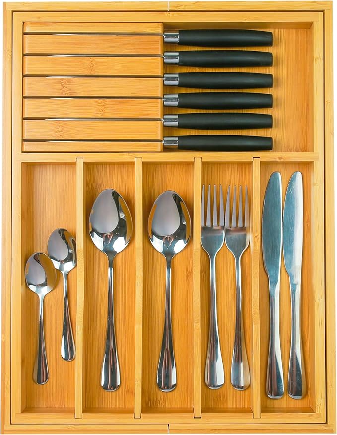 Wencrfat Silverware Drawer Organizer with Removable Knife Block and Dividers, Expandable Bamboo Kitchen Drawer Organizer, Flatware Utensil Cutlery Organizer for Drawer 8 Compartments