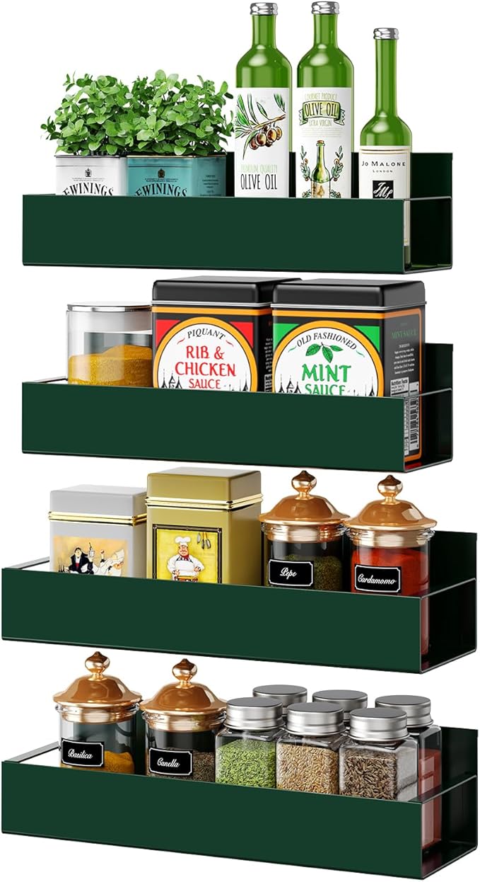 4 Pack Moveable Fridge Magnetic Spice Racks,Metal Green