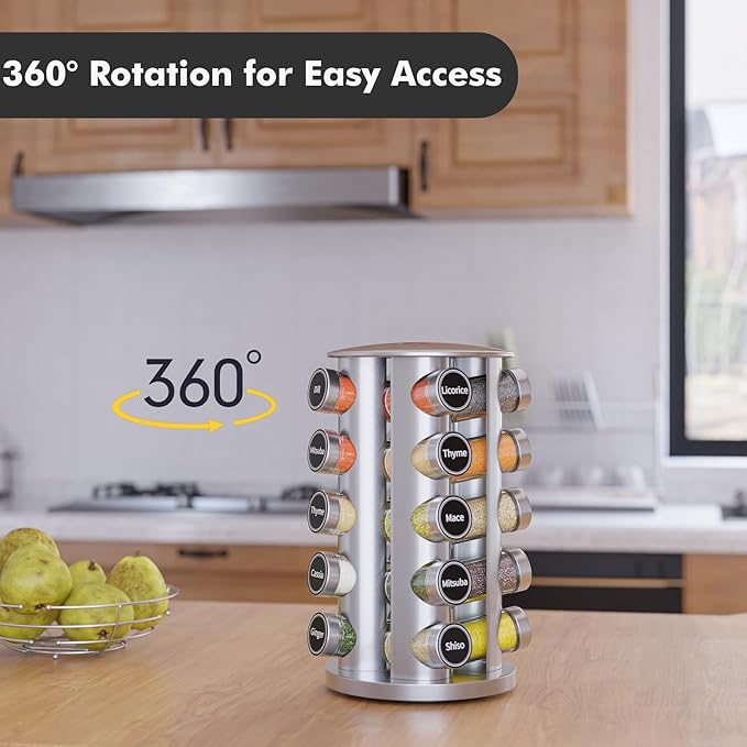 New England Stories Revolving Spice Rack Set with 20 Spice Jars, Kitchen Spice Tower Organizer for Countertop or Cabinet - Carousel Storage Includes 386 Spice Labels (Silver)