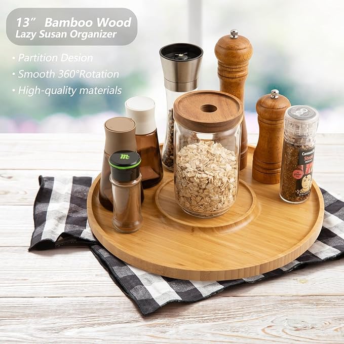 13" Bamboo Wood Lazy Susan Organizer Turntable for Kitchen Spice Rack Rotating for Cabinet, Countertop, Dining Table Top or Pantry, Smores Maker Station for Tabletop Fire Pit