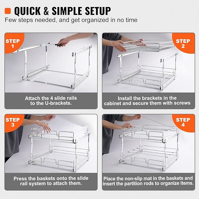 VEVOR 2 Tier 17"Wx21"Dx15"H Pull Out Cabinet Organizer, Heavy Duty Slide Out Pantry Shelves, Chrome-Plated Steel Roll Out Drawers, Sliding Drawer Storage, 18.5"Wx22"Dx18"H Install Size for Cabinet