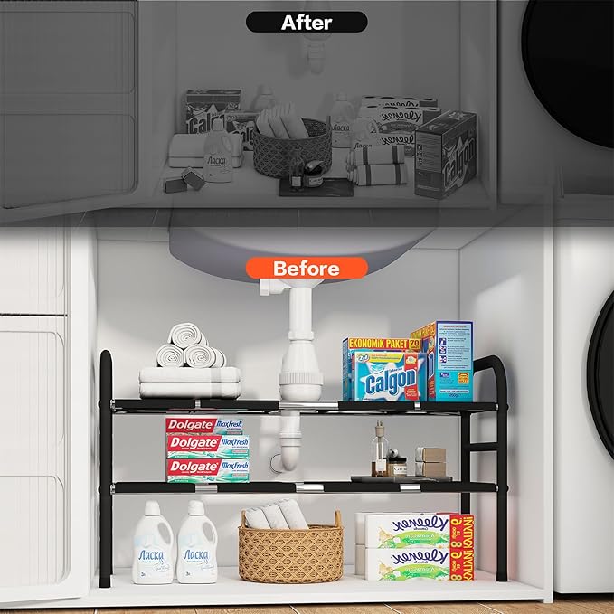 Expandable Under Sink Organizers, 2-Tier Kitchen Bathroom Cabinet Storage Counter Shelf, Shoe Storage Rack with 8 Removable Plastic Boards for Kitchen, Bathroom, Pantry, Entryway, Closet