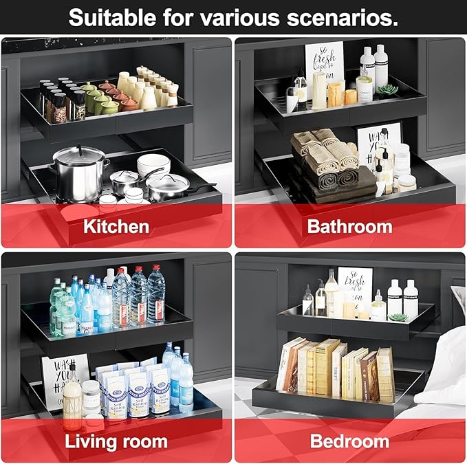 Pull Out Cabinet Organizer, Expandable (12.5”-20.27") Drawer Organizer, Pot and Pan Organizer for Under Cabinet, Pantry Kitchen Organizers and Storage Pan Organizer Storage Drawers(Black, 1PC)