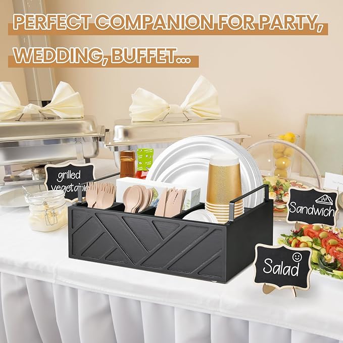 Paper Plate Dispenser with 10 Mini Chalkboard Signs, Wood Paper Plate Holders, Utensil Holder for Party Camping Buffet, Cutlery Flatware Organizer Box, Silverware Caddy for Plate Cup Fork Spoon(Black)