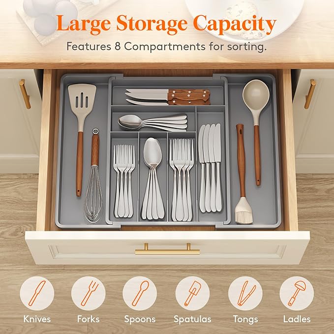 Lifewit Expandable Silverware Drawer Organizer, 22.4 x 16.7 x 2 inches, Adjustable Utensil Cutlery Tray for kitchen, Plastic Flatware Spoon Fork Knives Holder Storage Divider,1 Pack, Gray