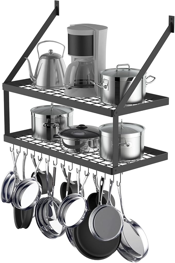 Square Grid Wall Mount Pot Rack with 2-Tier 15 Hooks, Kitchen Cookware Hanging Organizer Storage Shelf, 29.5 by 13.7-inch Black, KPR300B-BK