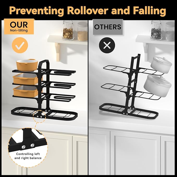 Podxco Pot and Pan Organizer for Under Cabinet, Thickened 8-Tier Adjustable Heavy Duty Pot Organizers Inside Cabinet, Rust-Resistance Pan Organizers Inside Cabinet for Cast-iron Pans, Heavy Skillets