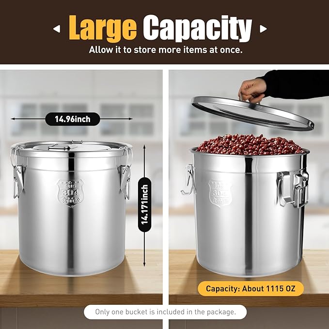 304 Stainless Steel Airtight Canister, Rice Cereal Grain Canisters Container, 6/12/21/33/48 Liters Food Bean Flour Oil Sugar Milk Cookie Storager Bucket w/Handles & Lid for Household Kitchen (33L)
