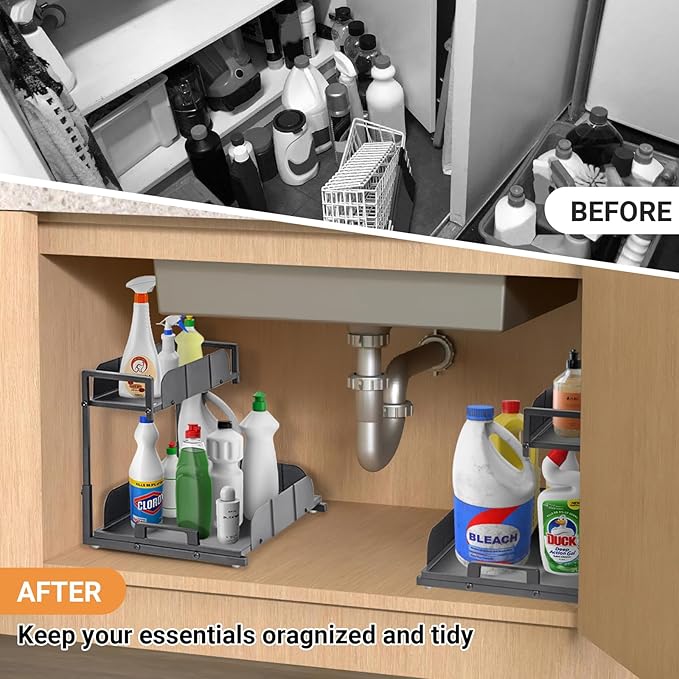 Under Kitchen Sink Organizer, 2 Tier Metal Pull Out Cabinet Organizer with Sliding Drawer, Heavy Duty Bathroom Organizers and Storage Shelf, Storage and organization for Home,Laundry,Office, 2 Pack