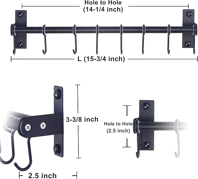 Dseap Pot Rack - Pots and Pans Hanging Rack Rail with 8 Hooks, Double Bars, Pot Hangers for Kitchen, Wall Mounted,Black