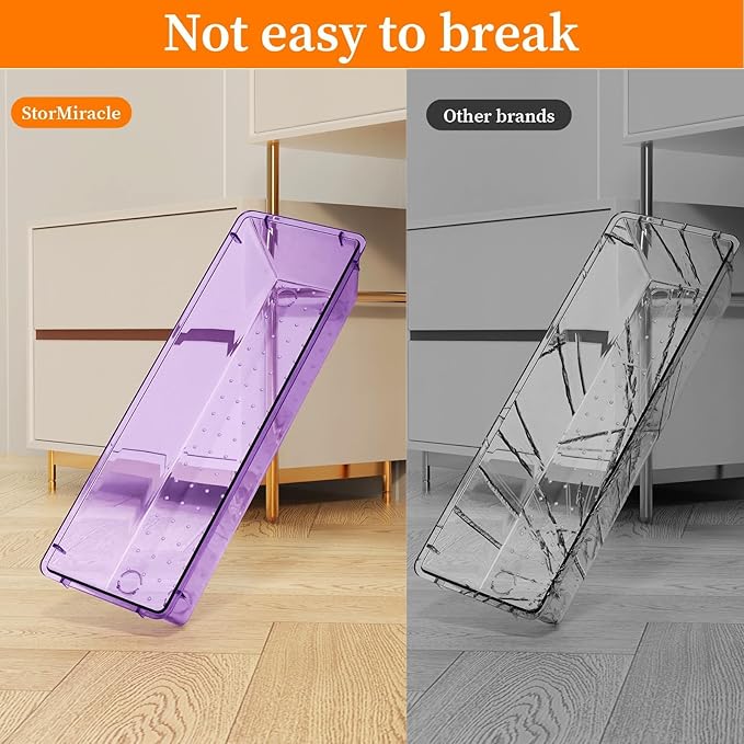 32 PCS Clear Plastic Drawer Organizer Set, 4-Size vanity organizer Trays and Storage Bins for Makeup, Jewelry and Gadgets in Bedroom, Bathroom and Office, Clear Purple