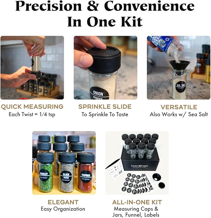 Glass Spice Jars & Measuring Caps Set - Twist Cap Measures 1/4 Tsp Container Keeps Spices Fresh & Organized - 4oz Spice Jars with Lids Includes Labels & Funnel -12 Pack