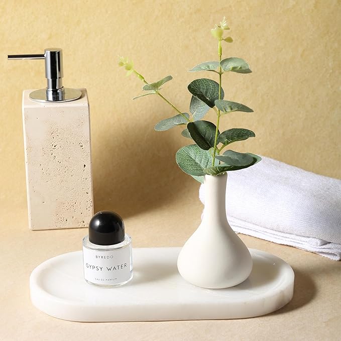 Koville African Natural White Marble Decorative Tray, 10" x 5" Marble Vanity Tray for Bathroom Countertop Organizer Stone Trays, Catchall Tray for Perfume, Candles, Jewelry (Namib Bianco White)