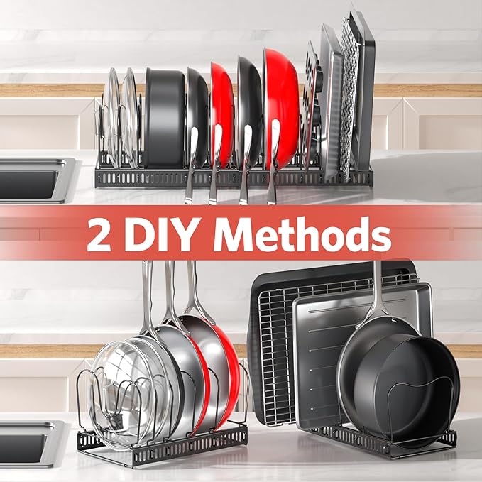 ORDORA Pots and Pans Organizer under Cabinet with Pan Holder: Expandable 11.8"-22.8" Kitchen Cabinet Organizer Rack, 12 Adjustable Dividers Storage for Cookie Sheets, Cutting Boards & Heavy Cookware