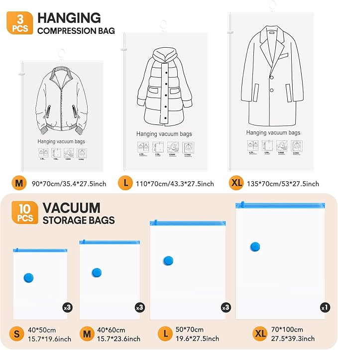 13Pcs Vacuum Storage Bags for Clothes, 10 Vacuum Seal Bags (1Jumbo,3Large,3Medium,3Small) 3 Hanging Clothes Storage Bags Vacuum Sealed(Large, Medium, Small), 80% Space Saver Bags for Home Essentials