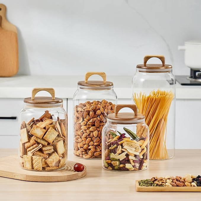 Sweejar Large Glass Candy Jars with Wooden Lids, 1 Gallon Glass Jar with Lid, Sugar/Flour Storage Containers, Big Glass Canisters with Airtight Lid, 2 Pack, Hand Lid