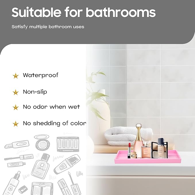 Vanity and Bathroom Tray, 9.8" ABS Countertop Organizer,Waterproof Vanity Tray for Toilet Tank,Perfume,Soap,Keys,Bathroom Accessories,Kitchen and Bath Trays,Non Slip Small Trays,Pink