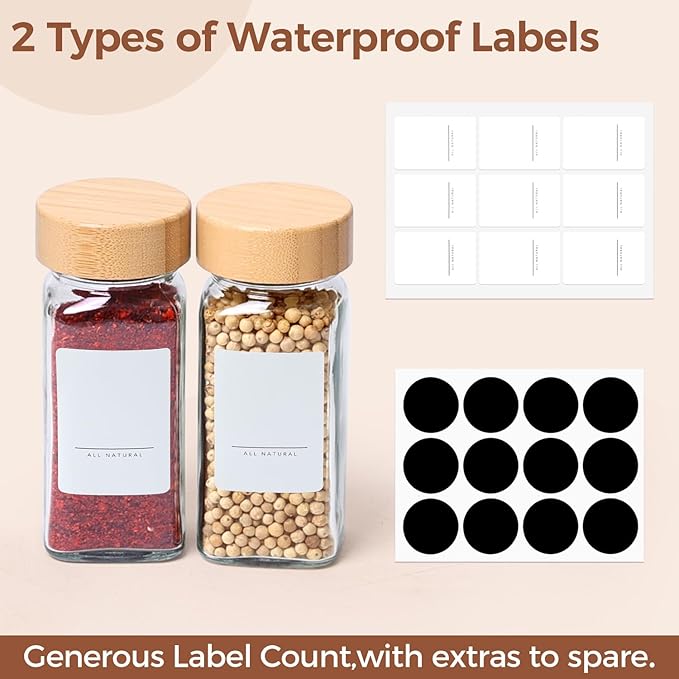ComSaf 4 oz 6Pcs Glass Spice Jars with Label, Empty Spice Containers with Bamboo Lids, Square Seasoning Containers Trial and Supplement Set, Small Seasoning Bottles for Salt, Herbs, Sugar, Pepper