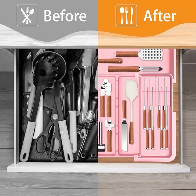 Utensil Drawer Organizer for Kitchen, Expandable Silverware Organizer Cooking Utensils Tray, Large Cutlery and Flatware Holder, Kitchen Tools & Gadgets Storage (Pink)