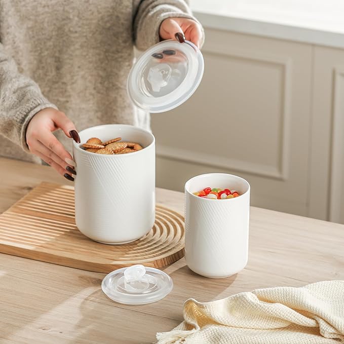 Canister Sets for Kitchen Countertop: Ceramic Food Storage Jar with Airtight Lids - Large Seal Damp-proof Containers for Coffee Tea Flour Sugar Rice Cookies Candy - White (23+42 oz)