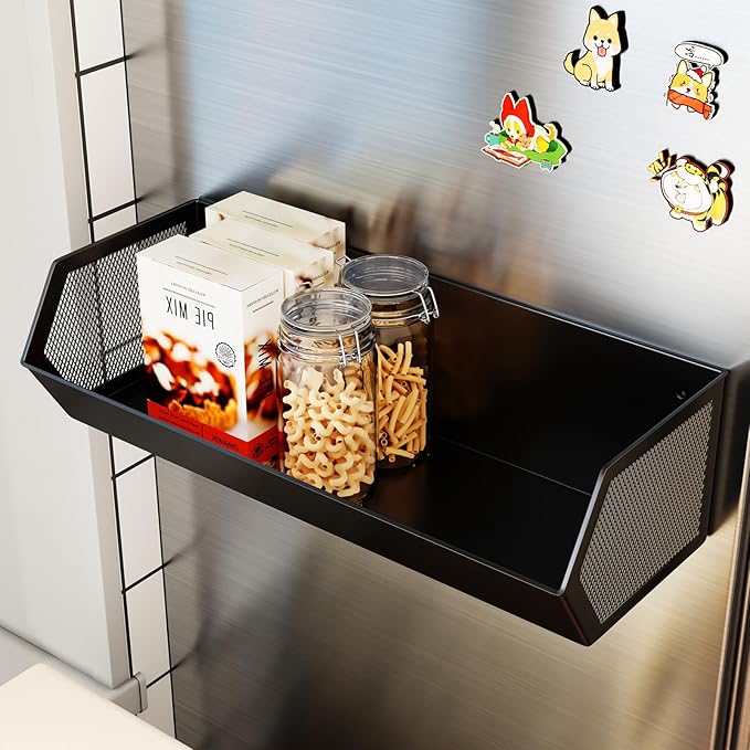 Magnetic Fruit Basket for Fridge, Magnetic Spice Rack for Refrigerator, Seasoning Organizer, Kitchen Gadgets, Refrigerator Organizers and Storage, Metal, 1 Pack (Black, Large)