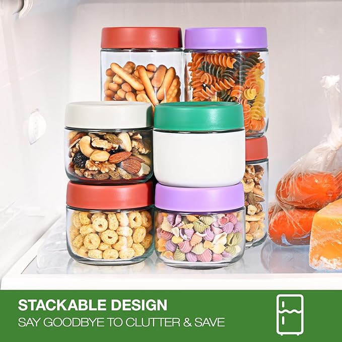 Hoa Kinh Glass Food Storage Jars with Lids, 10oz 4Pack Leak Proof Small Glass Jars for Overnight Oats, Cereal, Clear Empty Glass Jars with Lids for Kitchen(Red, Green, Purple and White)