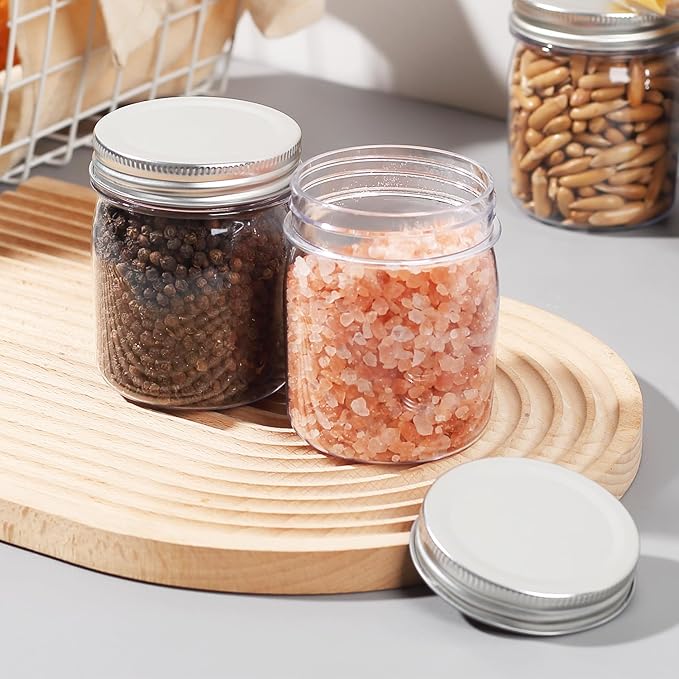 8 Ounce Clear Plastic Mason Jars With Screw On Lid, Reusable Empty Jars for Food Storage, Round BPA Free Containers for Sealing, Dry Food, Snacks, Candies, Breakage-proof, (Silver - 32 Pack)